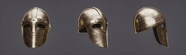 Three warrior helmets from 3 view angles, Old brass metal helm, 3d rendering, nobody