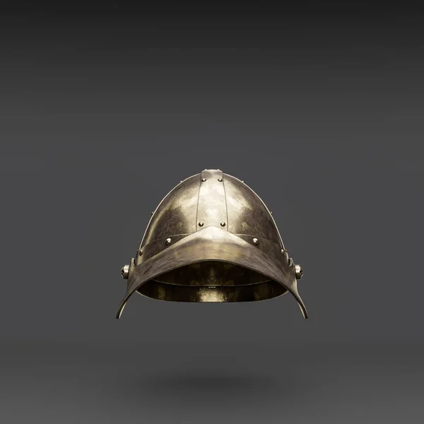 Metallic medieval knight helmet. Front view  crash helmet. Ancient warrior armor, 3d rendering, nobody