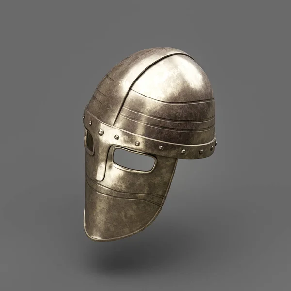 Old metallic ancient soldier helmet. Realistic used warrior shield helm. 3d rendering, nobody. Isometric view.