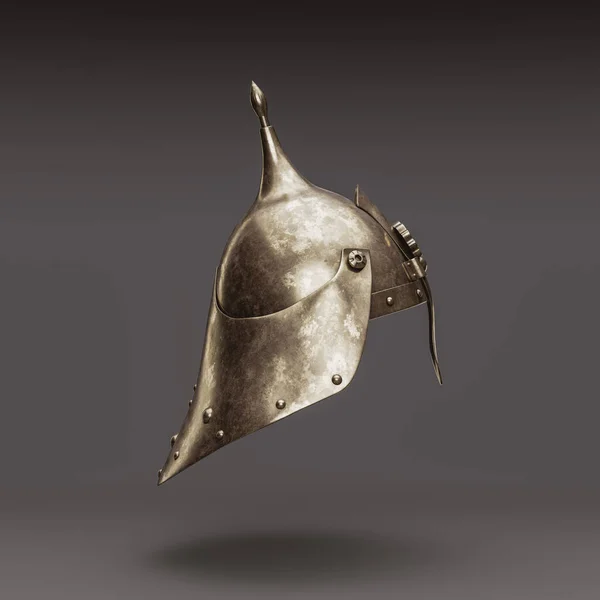 Single isolated medieval knight helmet. Old metallic ancient warrior helm, Brass face mask, 3d rendering, nobody. Left view projection.