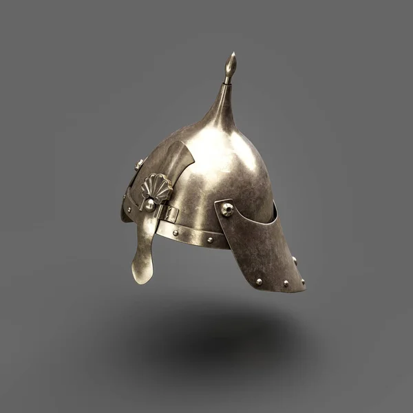Old metallic ancient soldier helmet. Realistic used warrior shield helm. 3d rendering, nobody. Isometric view.