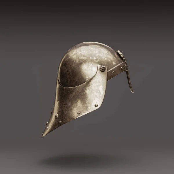 Single isolated medieval knight helmet. Old metallic ancient warrior helm, Brass face mask, 3d rendering, nobody. Left view projection.