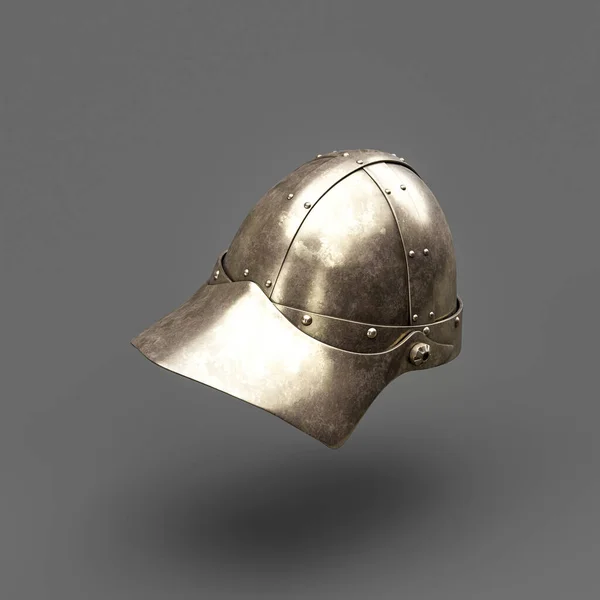 Old metallic ancient soldier helmet. Realistic used warrior shield helm. 3d rendering, nobody. Isometric view.