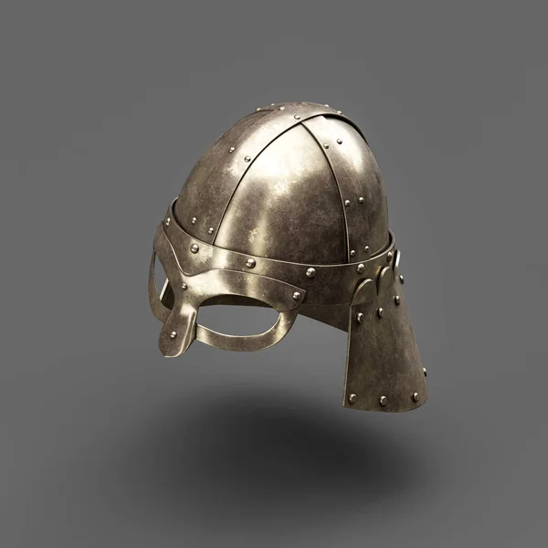 Old metallic ancient soldier helmet. Realistic used warrior shield helm. 3d rendering, nobody. Isometric view.