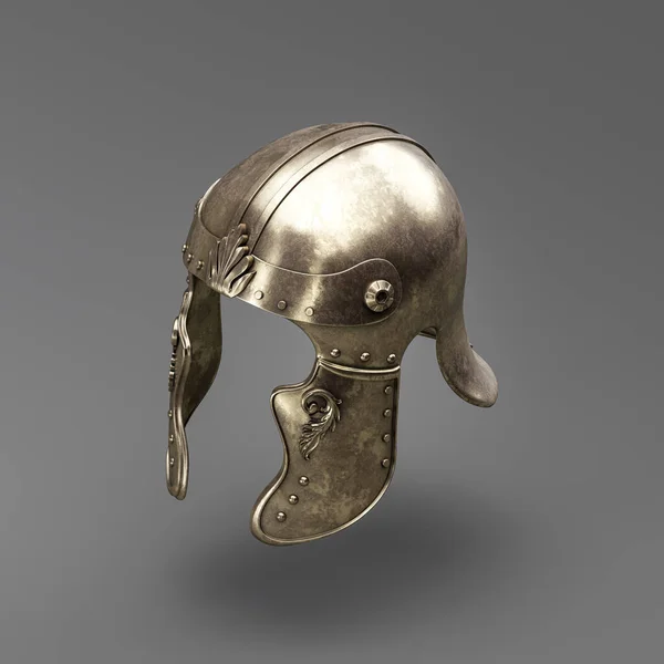 Old metallic ancient soldier helmet. Realistic used warrior shield helm. 3d rendering, nobody. Isometric view.