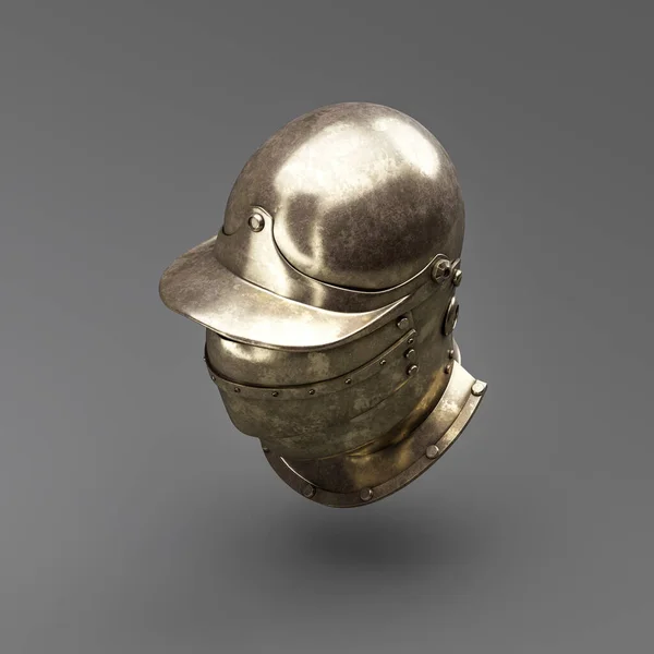 Old metallic ancient soldier helmet. Realistic used warrior shield helm. 3d rendering, nobody. Isometric view.