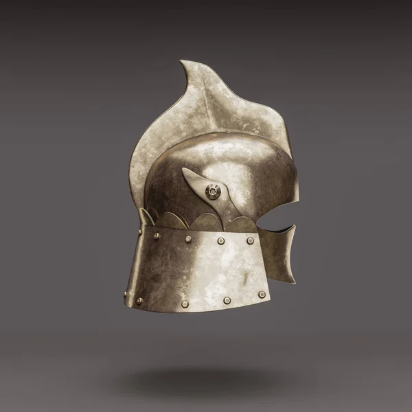 Single isolated medieval knight helmet. Old metallic ancient warrior helm, Brass face mask, 3d rendering, nobody. Left view projection.