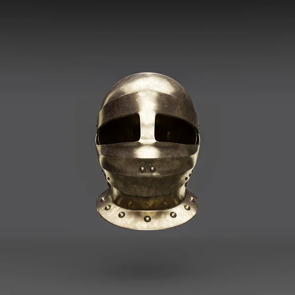 Metallic medieval knight helmet. Front view  crash helmet. Ancient warrior armor, 3d rendering, nobody