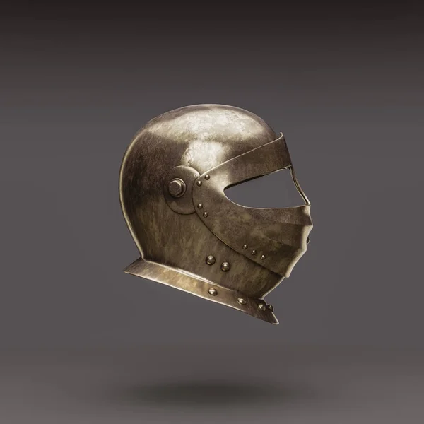 Single isolated medieval knight helmet. Old metallic ancient warrior helm, Brass face mask, 3d rendering, nobody. Left view projection.