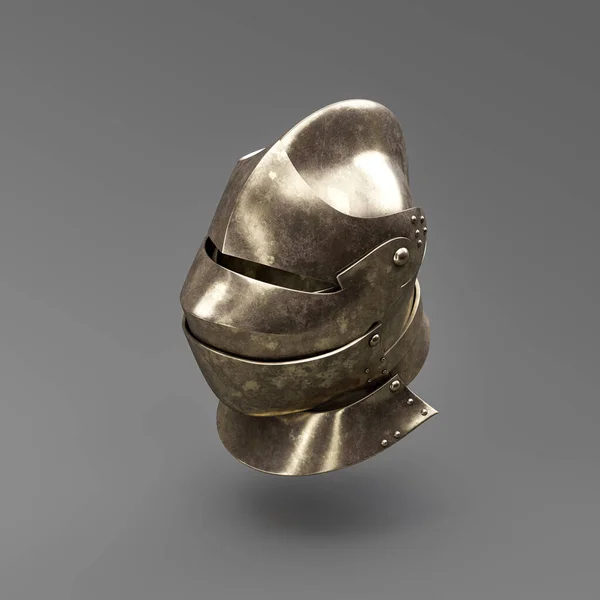 Old metallic ancient soldier helmet. Realistic used warrior shield helm. 3d rendering, nobody. Isometric view.