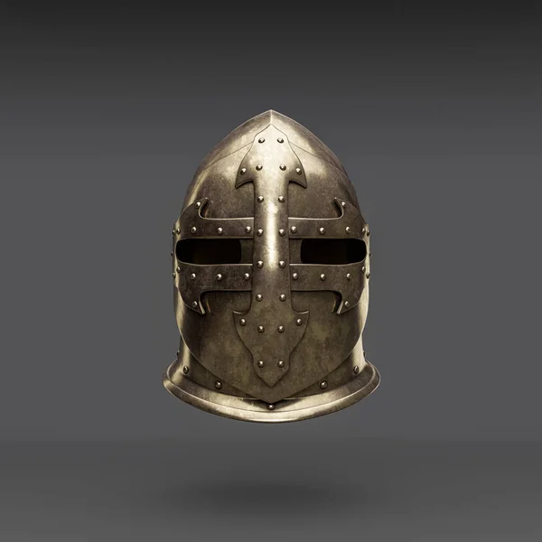 Metallic medieval knight helmet. Front view  crash helmet. Ancient warrior armor, 3d rendering, nobody