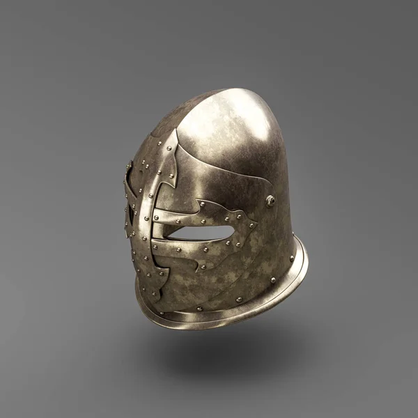 Old metallic ancient soldier helmet. Realistic used warrior shield helm. 3d rendering, nobody. Isometric view.