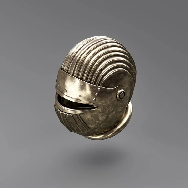 Old metallic ancient soldier helmet. Realistic used warrior shield helm. 3d rendering, nobody. Isometric view.