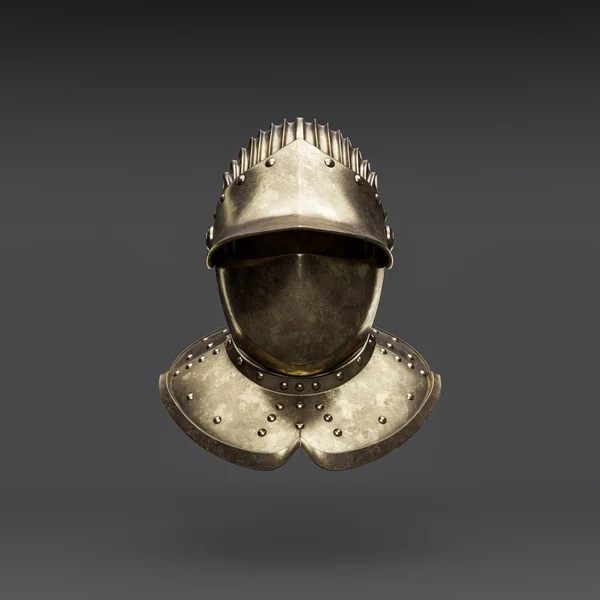 Metallic medieval knight helmet. Front view  crash helmet. Ancient warrior armor, 3d rendering, nobody