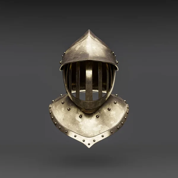 Metallic medieval knight helmet. Front view  crash helmet. Ancient warrior armor, 3d rendering, nobody