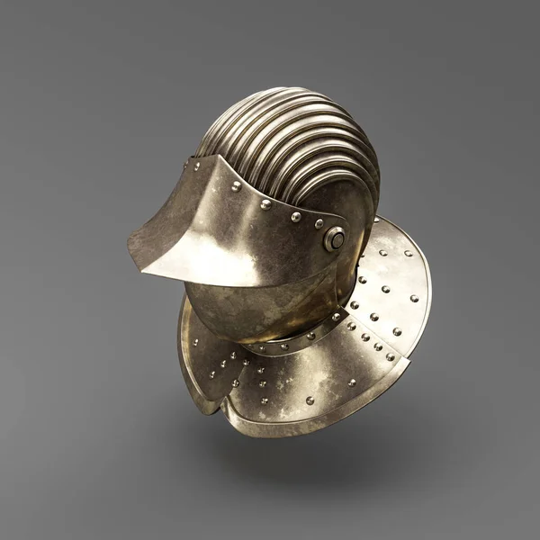 Old metallic ancient soldier helmet. Realistic used warrior shield helm. 3d rendering, nobody. Isometric view.