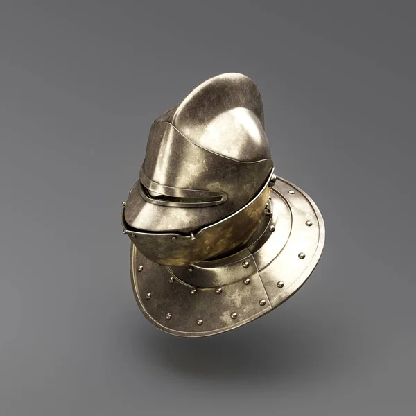 Old metallic ancient soldier helmet. Realistic used warrior shield helm. 3d rendering, nobody. Isometric view.