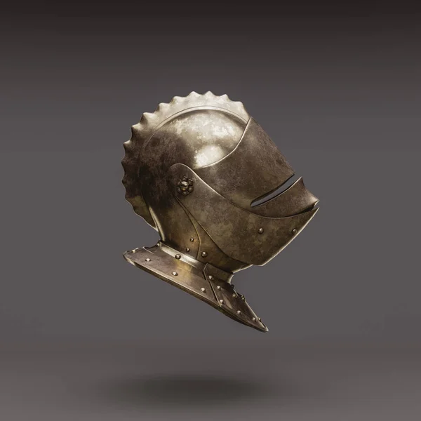 Single isolated medieval knight helmet. Old metallic ancient warrior helm, Brass face mask, 3d rendering, nobody. Left view projection.