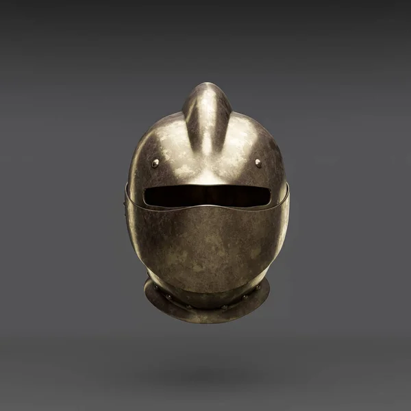 Metallic medieval knight helmet. Front view  crash helmet. Ancient warrior armor, 3d rendering, nobody