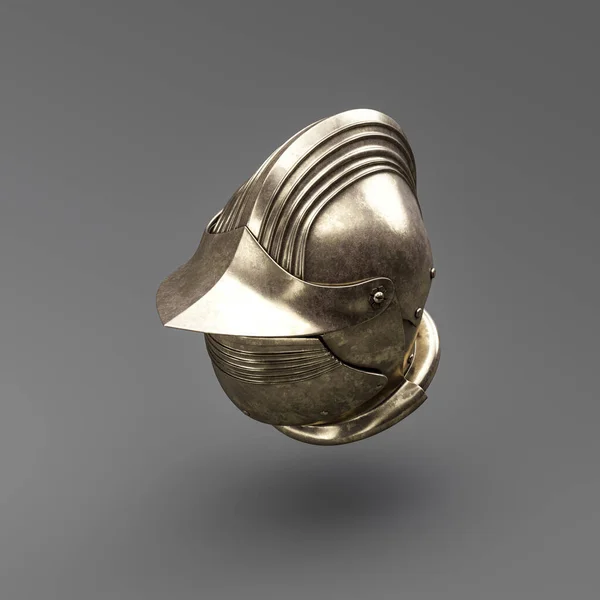 Old metallic ancient soldier helmet. Realistic used warrior shield helm. 3d rendering, nobody. Isometric view.