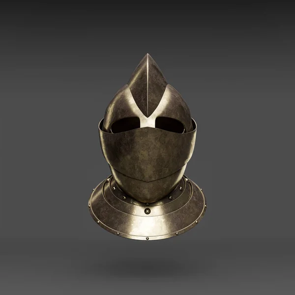 Metallic medieval knight helmet. Front view  crash helmet. Ancient warrior armor, 3d rendering, nobody