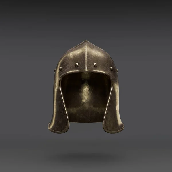 Metallic medieval knight helmet. Front view  crash helmet. Ancient warrior armor, 3d rendering, nobody