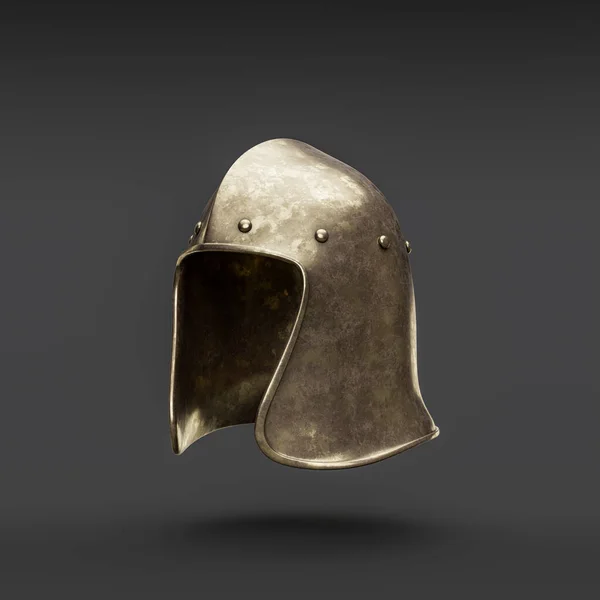 Old damaged brass helmet. Metallic warrior helm. Ancient metallic historical face mask armor. 3d rendering, nobody. Side view