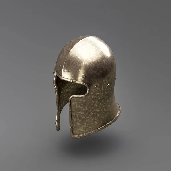 Old metallic ancient soldier helmet. Realistic used warrior shield helm. 3d rendering, nobody. Isometric view.