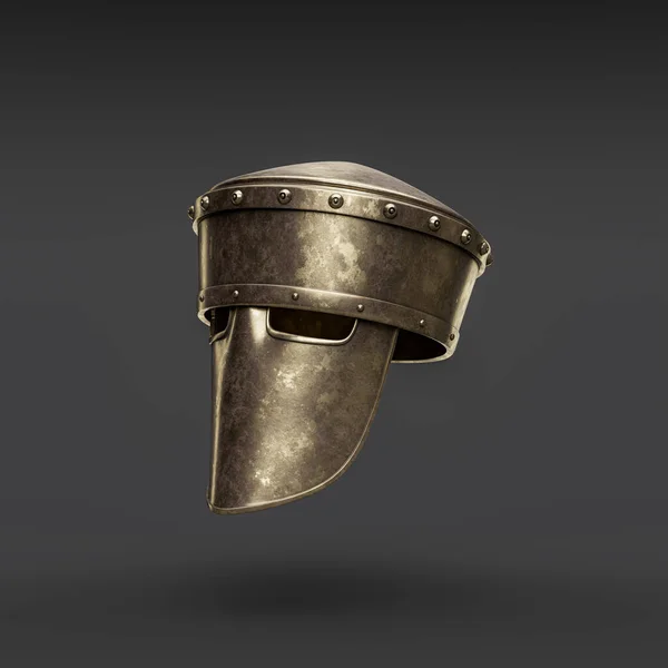 Old damaged brass helmet. Metallic warrior helm. Ancient metallic historical face mask armor. 3d rendering, nobody. Side view