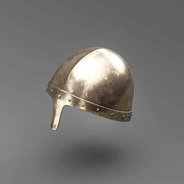 Old metallic ancient soldier helmet. Realistic used warrior shield helm. 3d rendering, nobody. Isometric view.