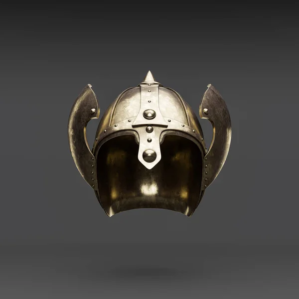 Metallic medieval knight helmet. Front view  crash helmet. Ancient warrior armor, 3d rendering, nobody