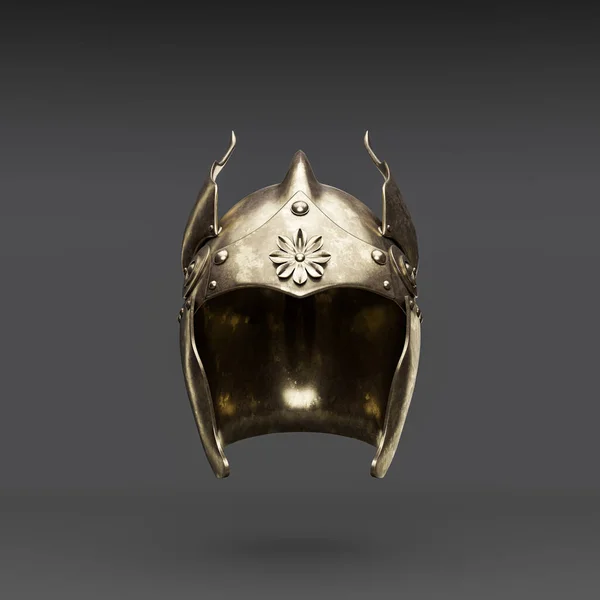 Metallic medieval knight helmet. Front view  crash helmet. Ancient warrior armor, 3d rendering, nobody