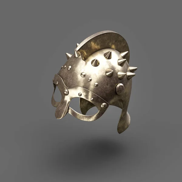 Old metallic ancient soldier helmet. Realistic used warrior shield helm. 3d rendering, nobody. Isometric view.