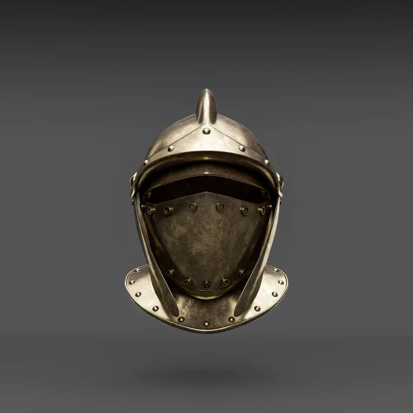 Metallic medieval knight helmet. Front view  crash helmet. Ancient warrior armor, 3d rendering, nobody