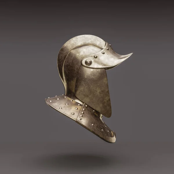 Single isolated medieval knight helmet. Old metallic ancient warrior helm, Brass face mask, 3d rendering, nobody. Left view projection.