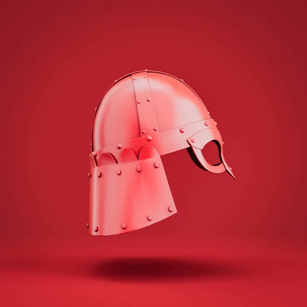 Isolated single medieval knight helmet. Monochrome single color red  warrior helm, Ancient face mask, 3d rendering, nobody. Left view projection.
