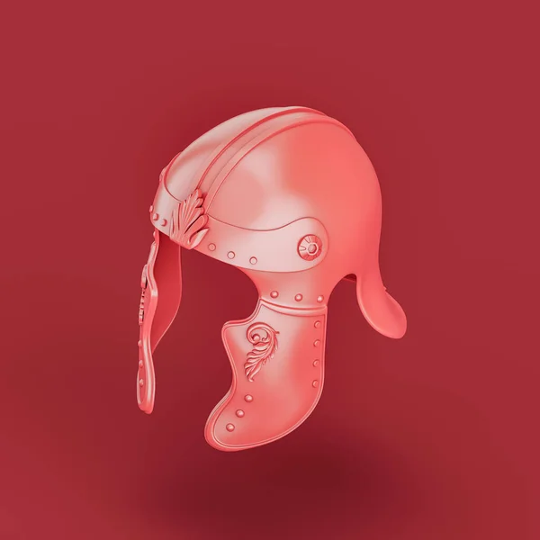 Monochrome red soldier helmet. Single color medieval warrior helmet. 3d rendering, nobody. Isometric view projection.