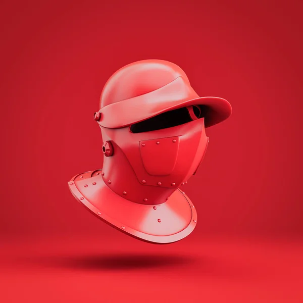 Single color red helmet. Crimson warrior helm. Historical face mask. 3d rendering, nobody. Side view projection.