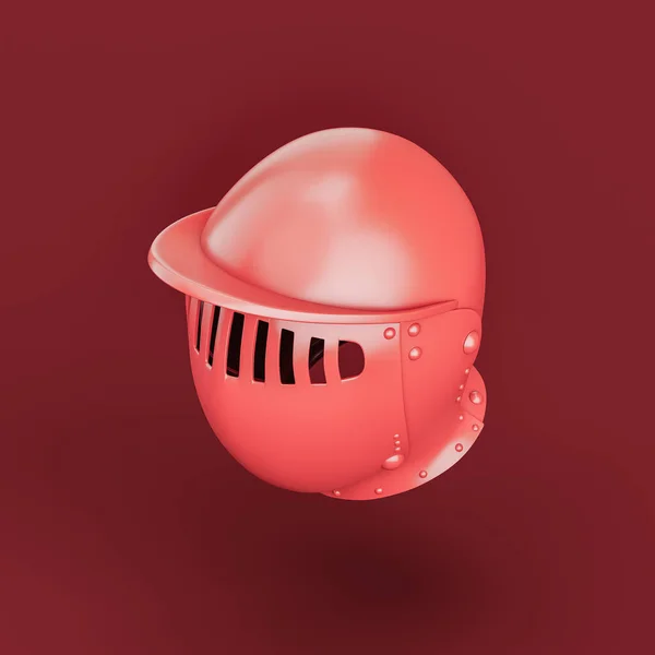 Monochrome red soldier helmet. Single color medieval warrior helmet. 3d rendering, nobody. Isometric view projection.