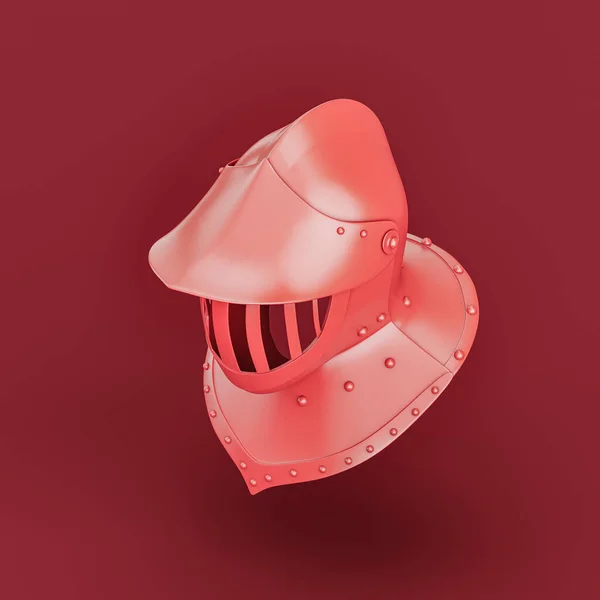 Monochrome red soldier helmet. Single color medieval warrior helmet. 3d rendering, nobody. Isometric view projection.