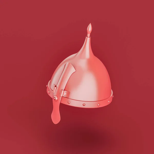 Monochrome red soldier helmet. Single color medieval warrior helmet. 3d rendering, nobody. Isometric view projection.