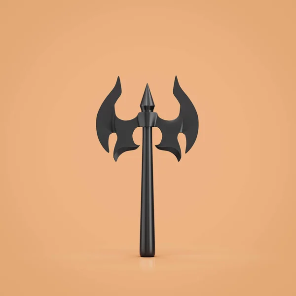 Ancient battle axe. Double blade fantasy game battleaxe, dark hatchet, 3d rendering, nobody