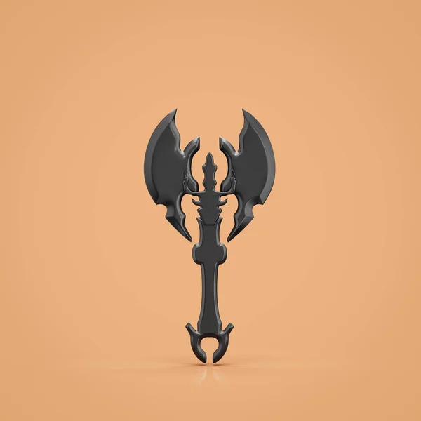 Ancient battle axe. Double blade fantasy game battleaxe, dark hatchet, 3d rendering, nobody