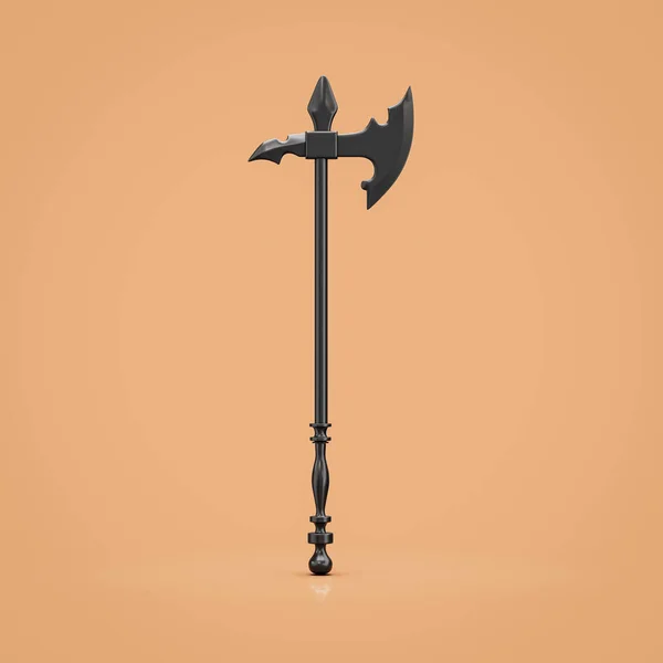 Black medieval battle axe, nordic skyrim battleaxe weapon. Single blade fantasy game ax, asset, warrior item, single hatchet, 3d rendering, nobody