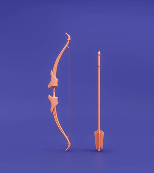 Bow and arrow as archery or hunting weapon. Single color medieval warrior bow and arrow standing. 3d rendering, nobody