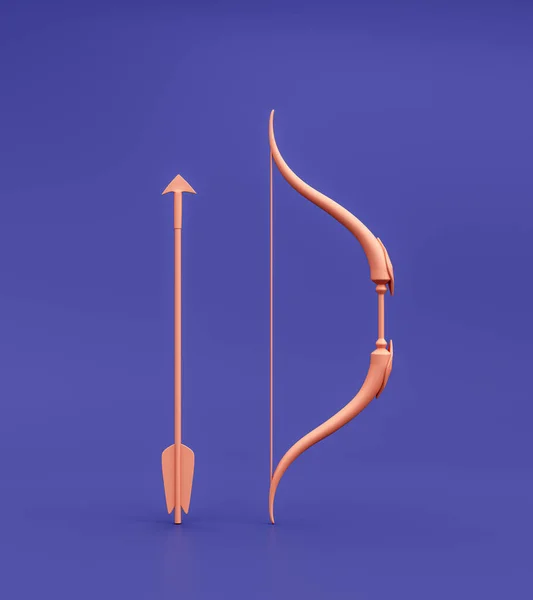 Bow and arrow as archery or hunting weapon. Single color medieval warrior bow and arrow standing. 3d rendering, nobody