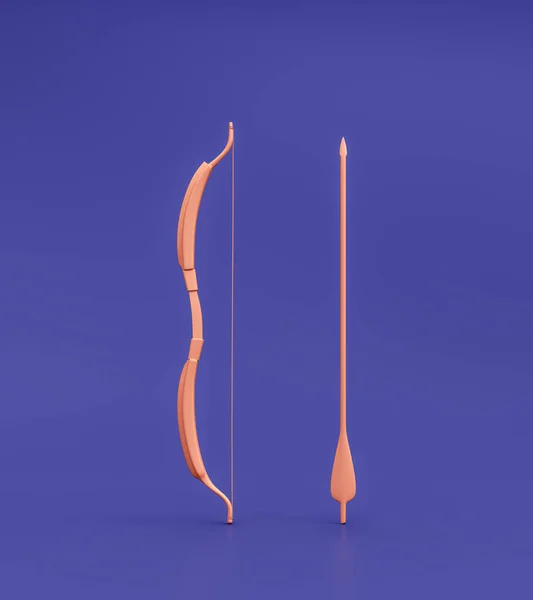 Bow and arrow as archery or hunting weapon. Single color medieval warrior bow and arrow standing. 3d rendering, nobody