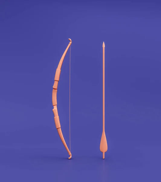 Bow and arrow as archery or hunting weapon. Single color medieval warrior bow and arrow standing. 3d rendering, nobody