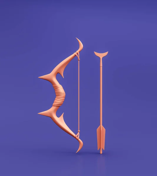 Bow and arrow as archery or hunting weapon. Single color medieval warrior bow and arrow standing. 3d rendering, nobody