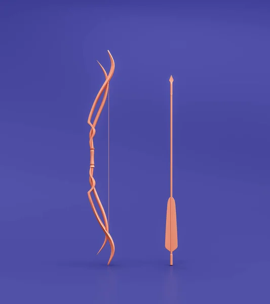 Bow and arrow as archery or hunting weapon. Single color medieval warrior bow and arrow standing. 3d rendering, nobody